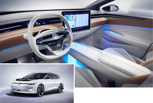 Volkswagen ID Space Vizzion Concept Electric SUV Interior Wide Screen Display/Minimally Obstructed Outside Views (T) and Sleek Exterior/Below Front Grille Air Intake Openings(B) Volkswagen ID Space Vizzion Concept Electric SUV Interior Wide Screen Display/Minimally Obstructed Outside Views (T) and Sleek Exterior/Below Front Grille Air Intake Openings(B)
