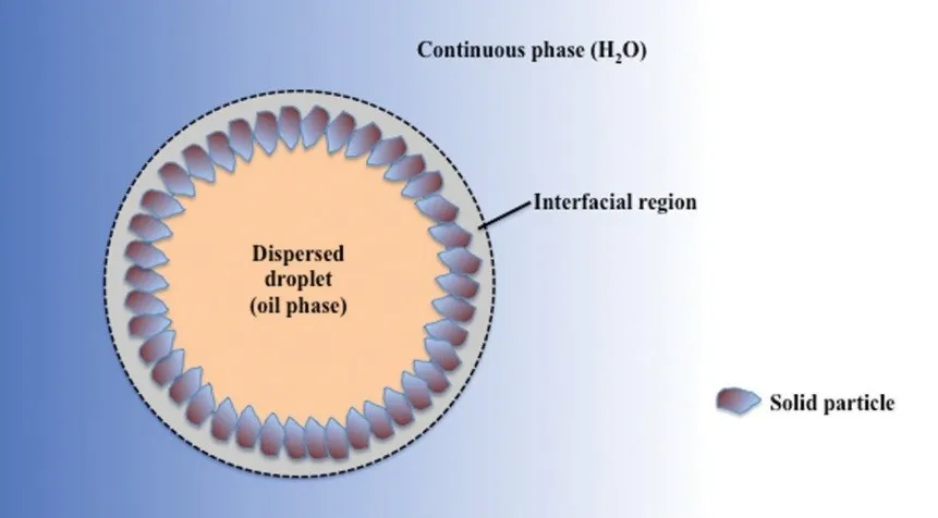 A Pickering emulsion is stabilized by solid particles at the interface