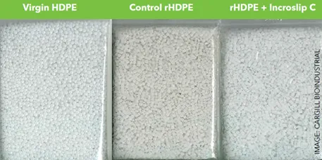 Virgin HDPE Samples (L); Control rHDPE (C); Whiter Colored Cargill Incroslip™ C Stabilizer (R) HDPE Samples
