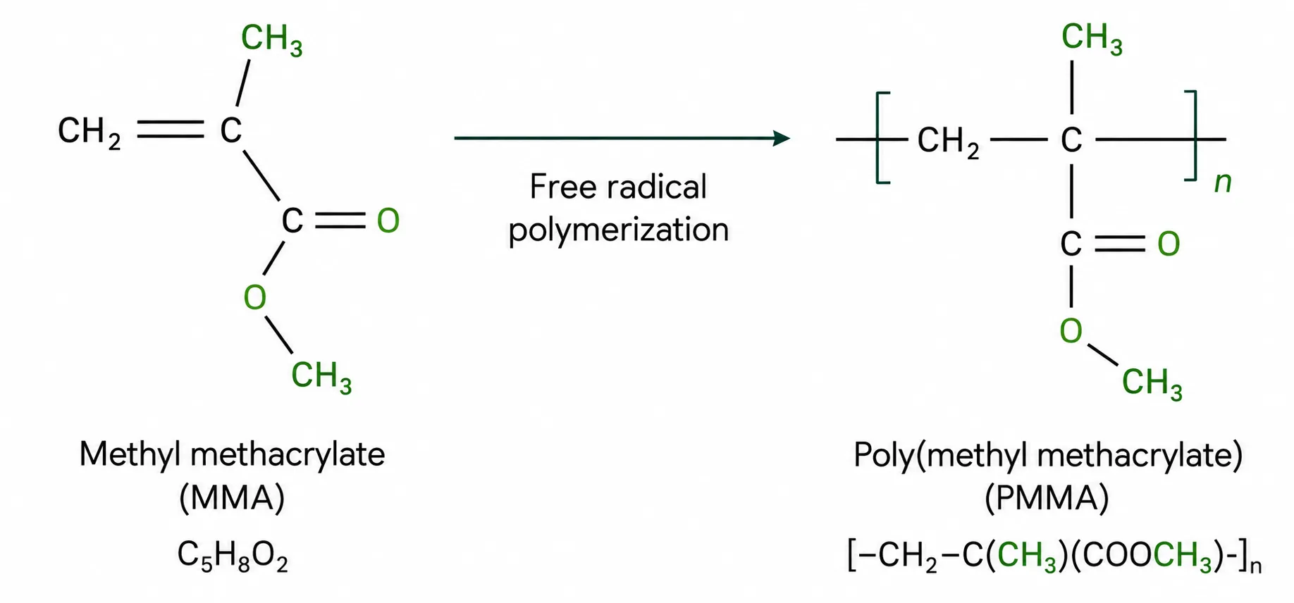 Polymerization of methyl methacrylate monomers to form polymethyl methacrylate plastic