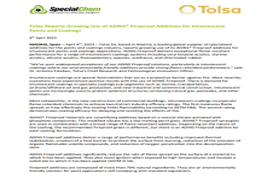 Get to know about Tolsa’s ADINS® Fireproof for coatings applications